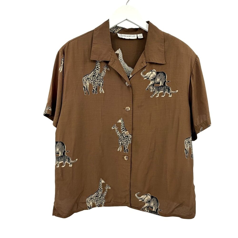 Silk Safari elephant print shirt size large brown Y2K cropped Ilyse Hart